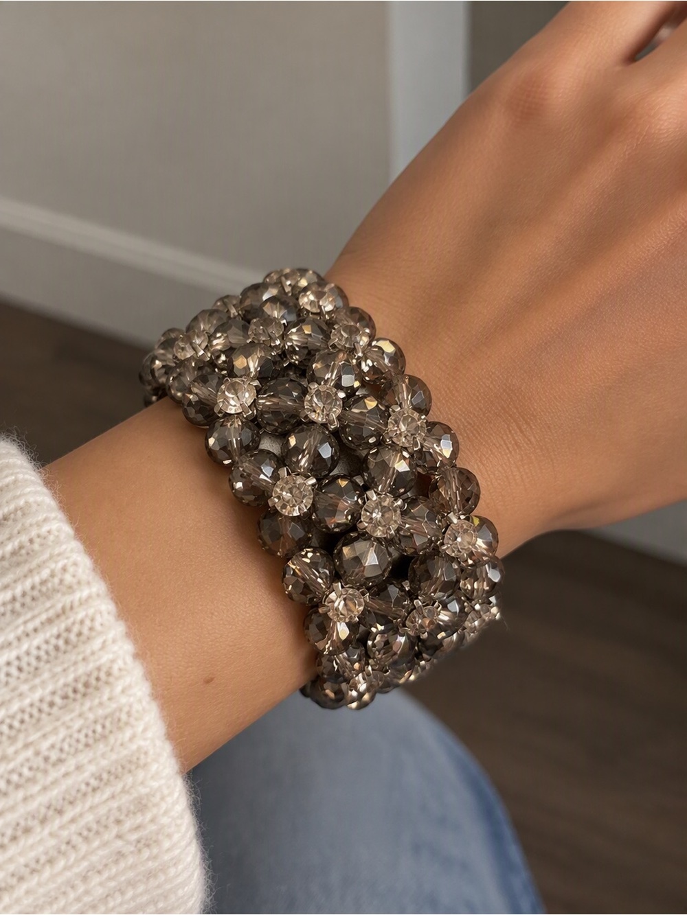 Smoky Crystal Multi-Row Stretch Bracelet